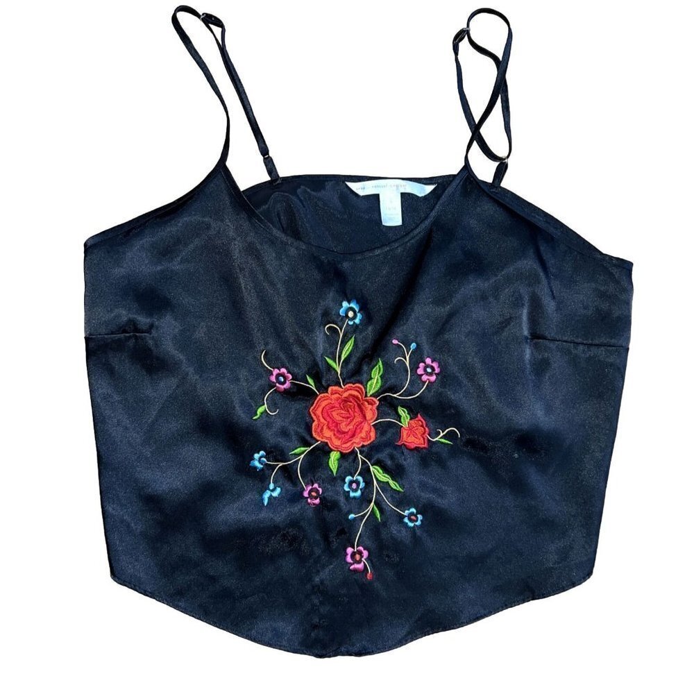 SEXY Sensual Cacique Black Lingerie Top Embroidered Floral Tank PJ Satin 14/16 R